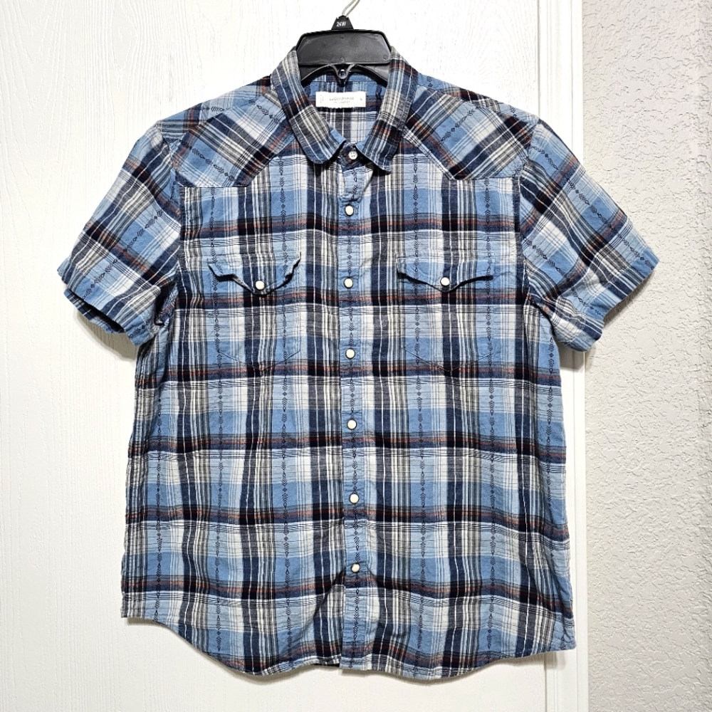 LUCKY BRAND Pearl Snap Men's Medium Shirt Classic Fit Blue Plaid